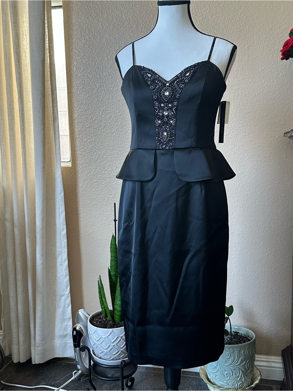 David Meister Black Beaded Peplum Midi Dress